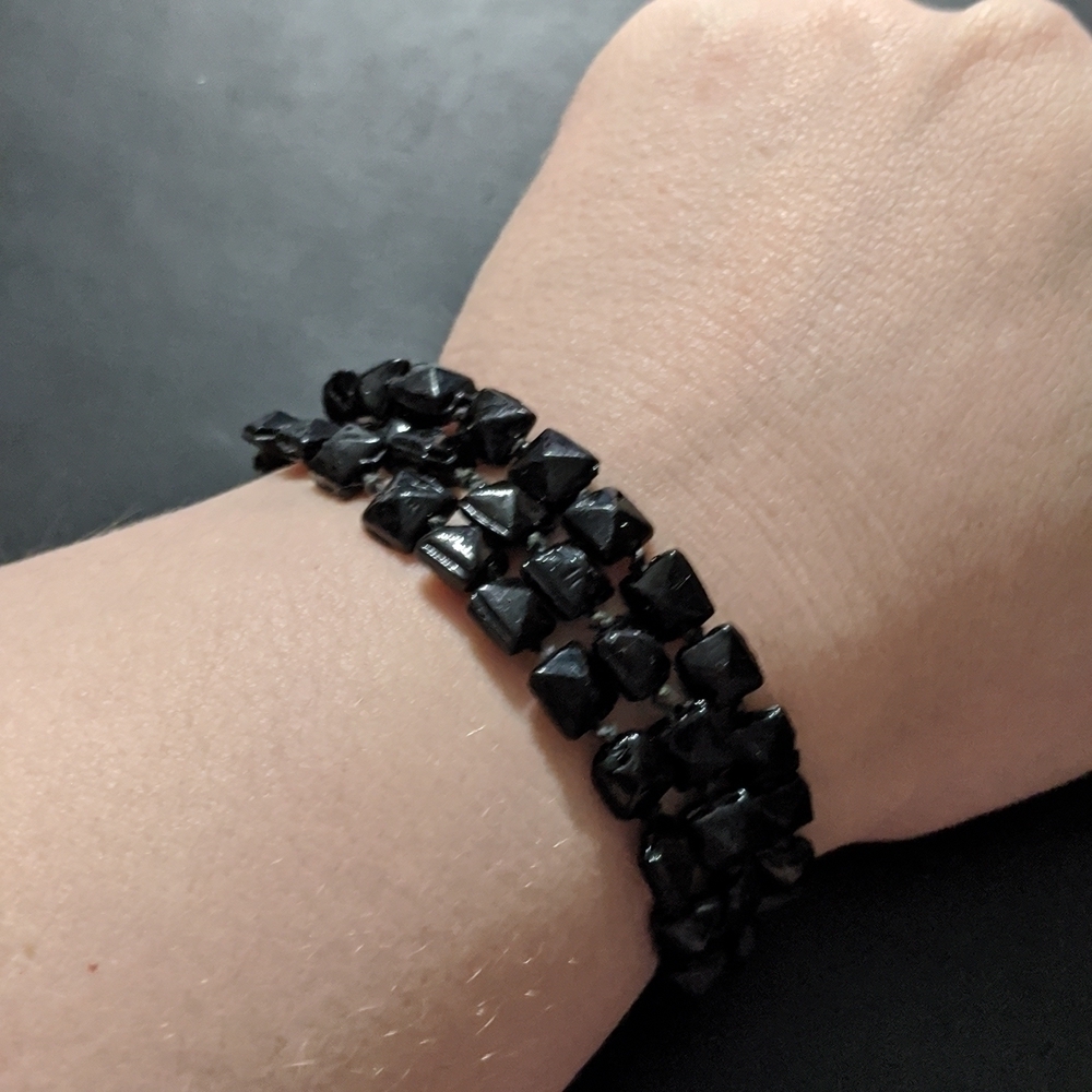 Black Leather Beaded Multi Strand Statement Bracelet